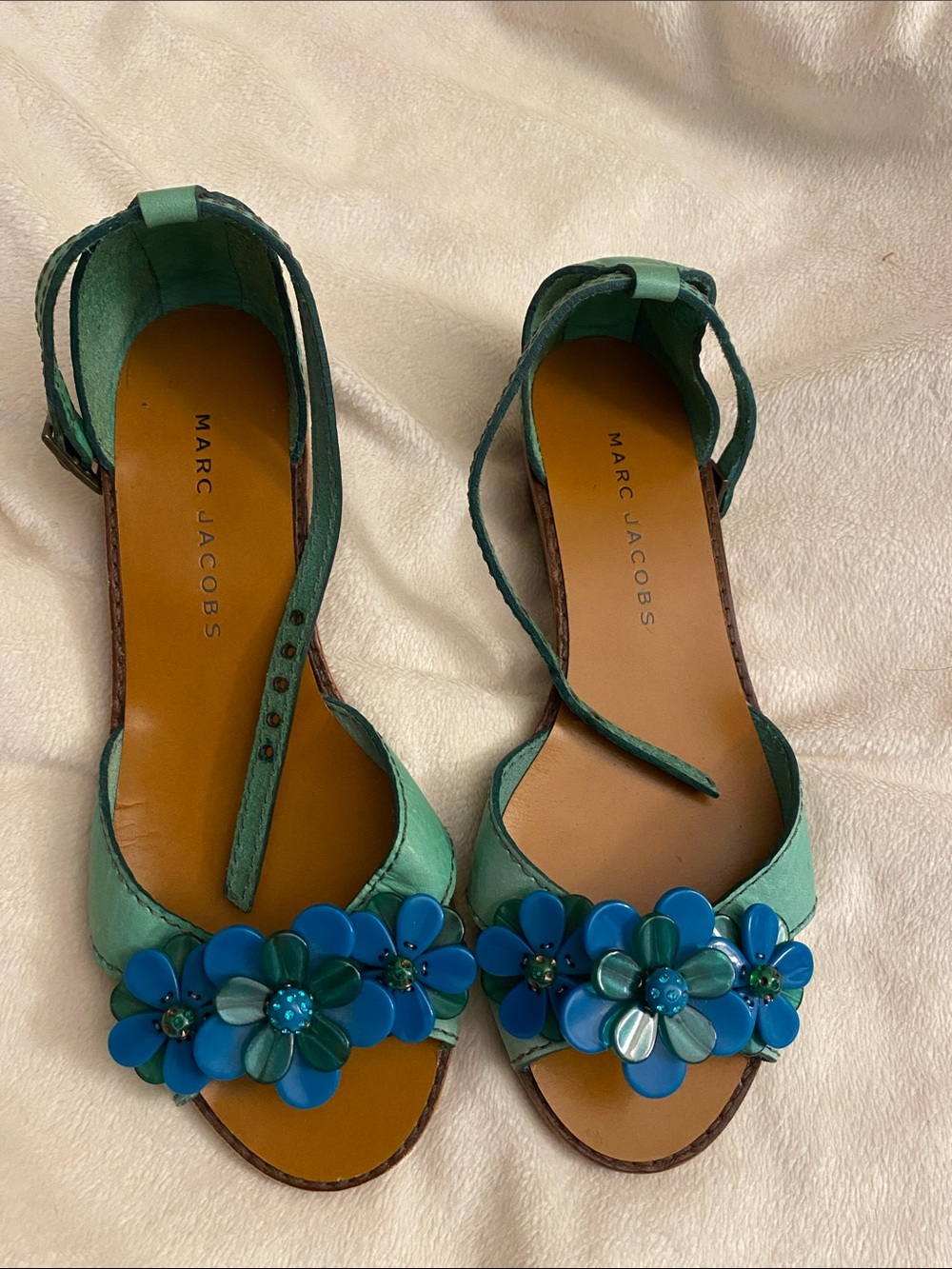 Marc Jacobs Green Sandals with Blue Floral Embellishments
